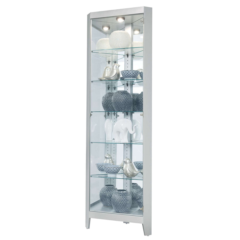 A tall glass display cabinet showcasing various decorative items.