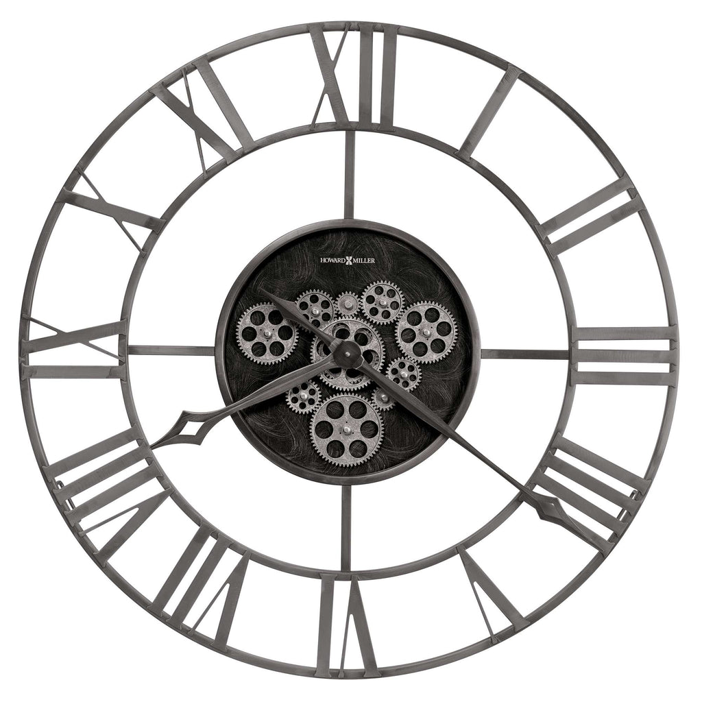 A vintage-style wall clock with Roman numerals and a gear-filled center.