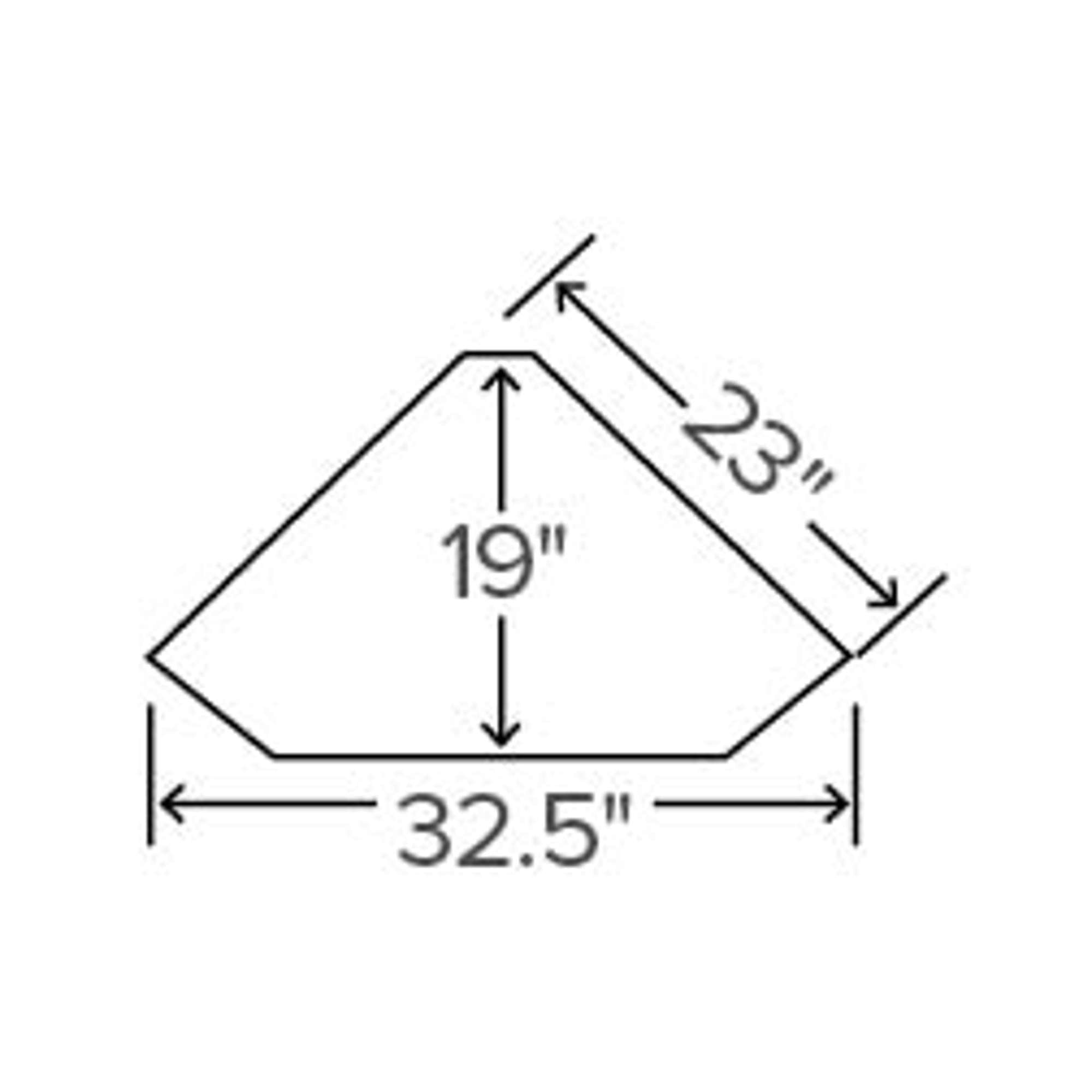 Dimensions of a triangular shape with measurements 23", 19", and 32.5"