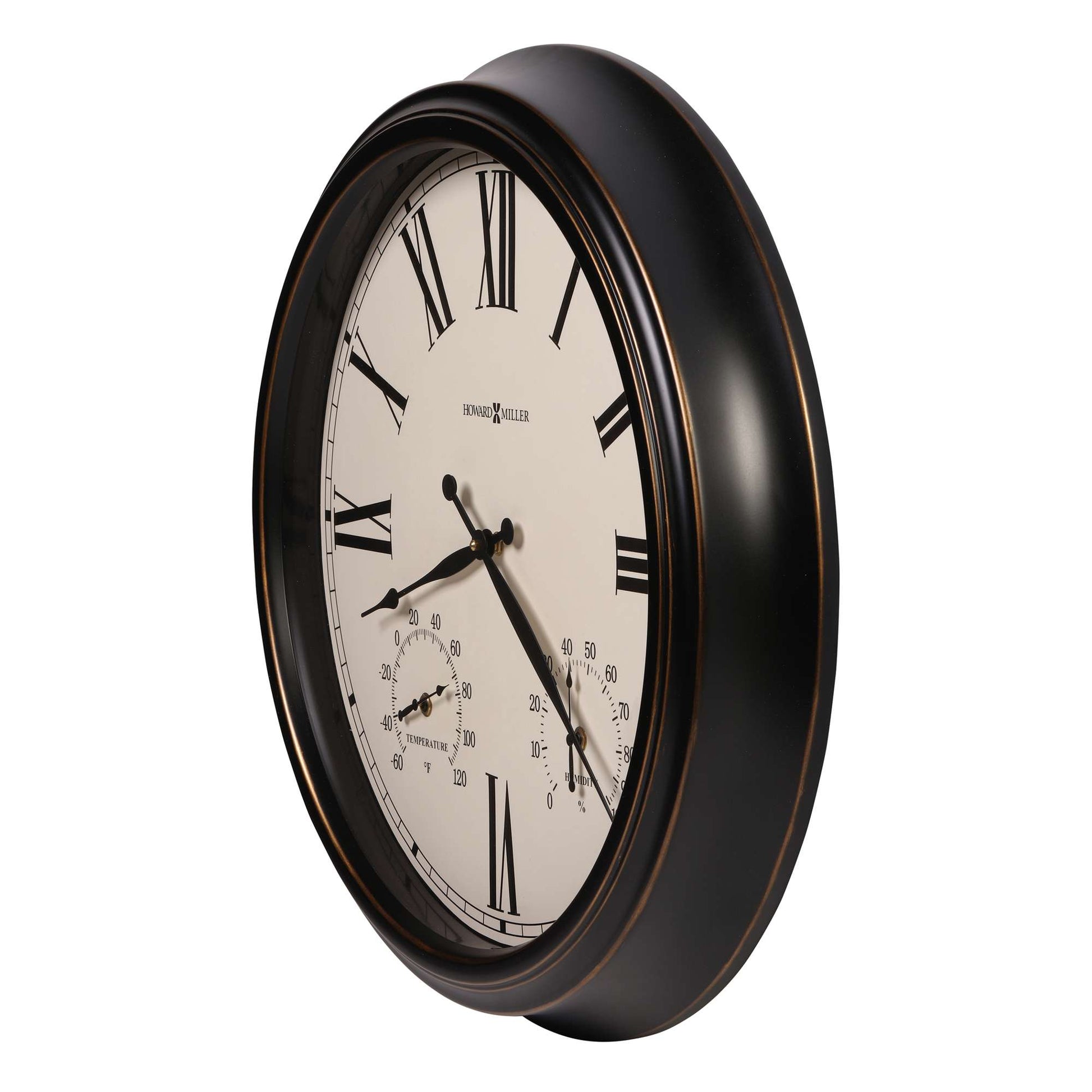 A round wall clock with Roman numerals and a classic design.