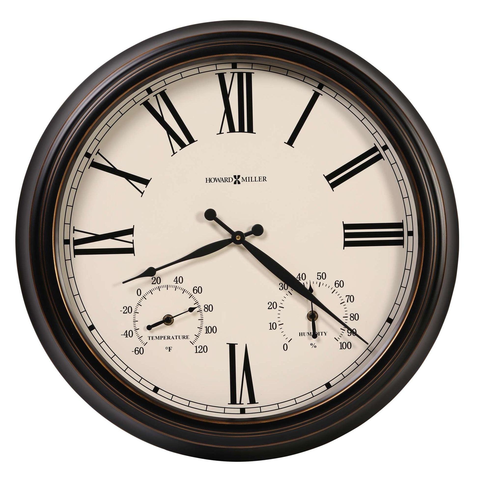 A round wall clock with Roman numerals and a weather station feature.