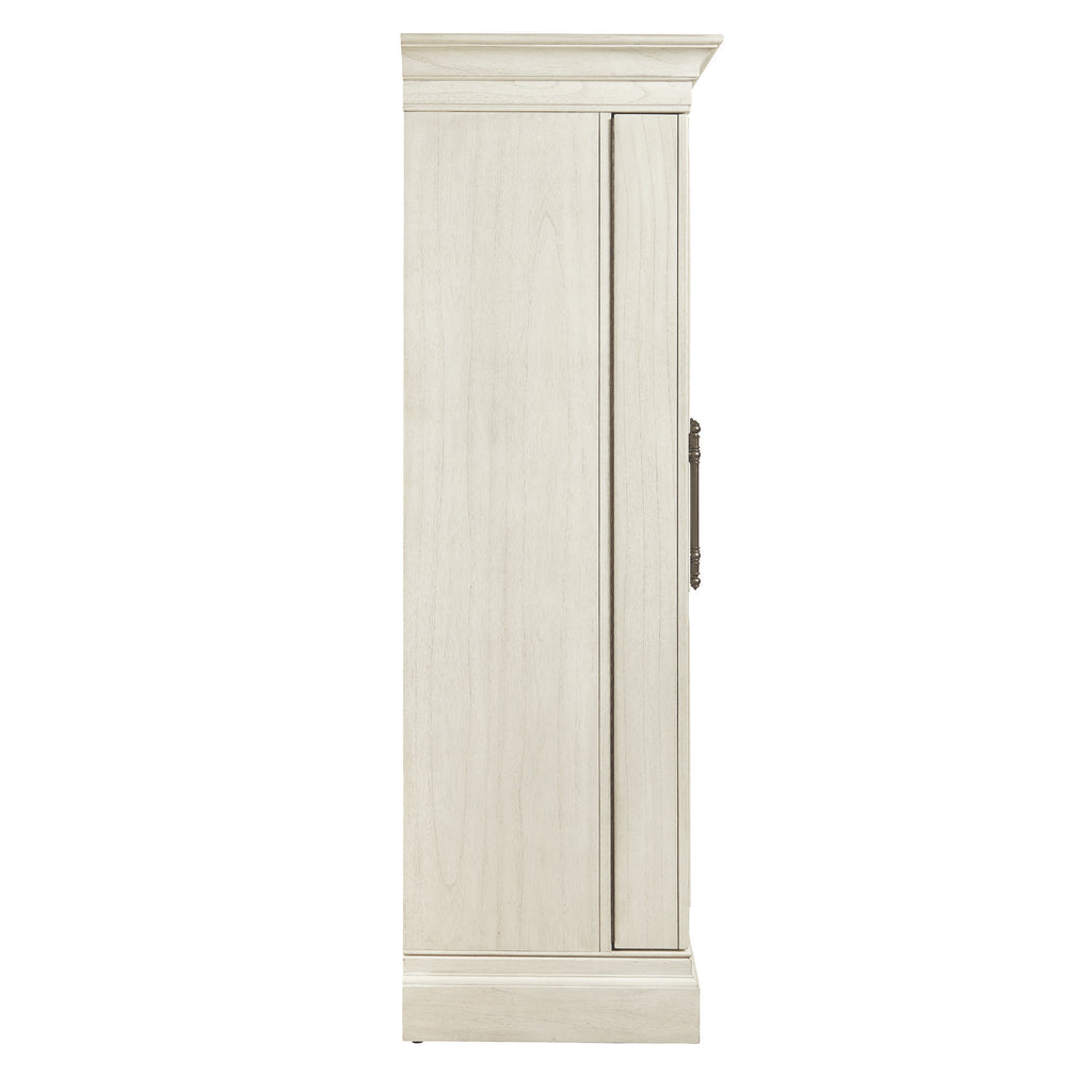 Tall, narrow cabinet in a light finish with a single door