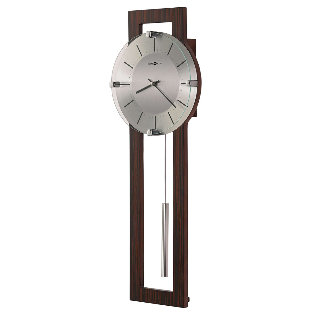 Modern wall clock with a circular silver face and a wooden frame