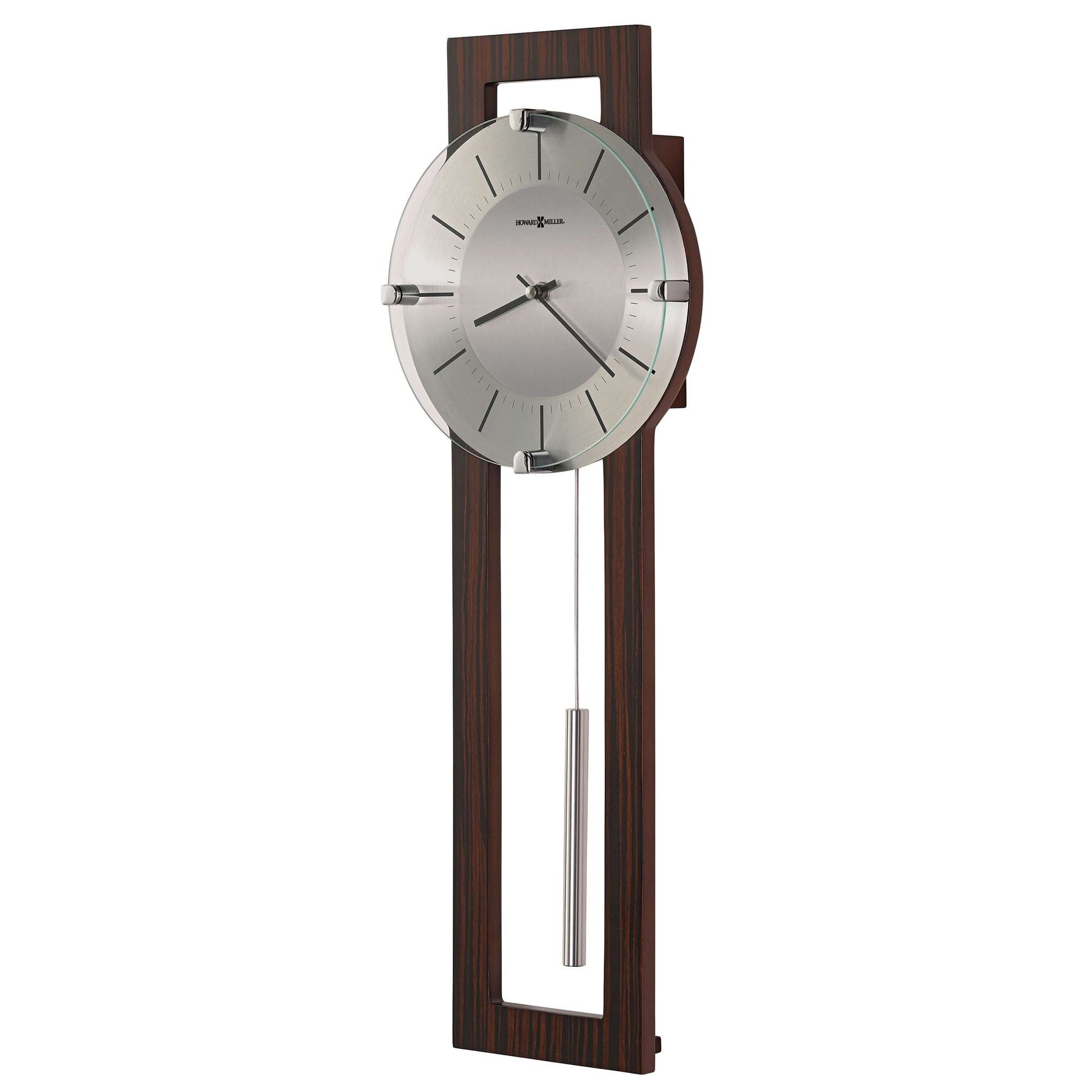 Modern wall clock with a circular silver face and a wooden frame
