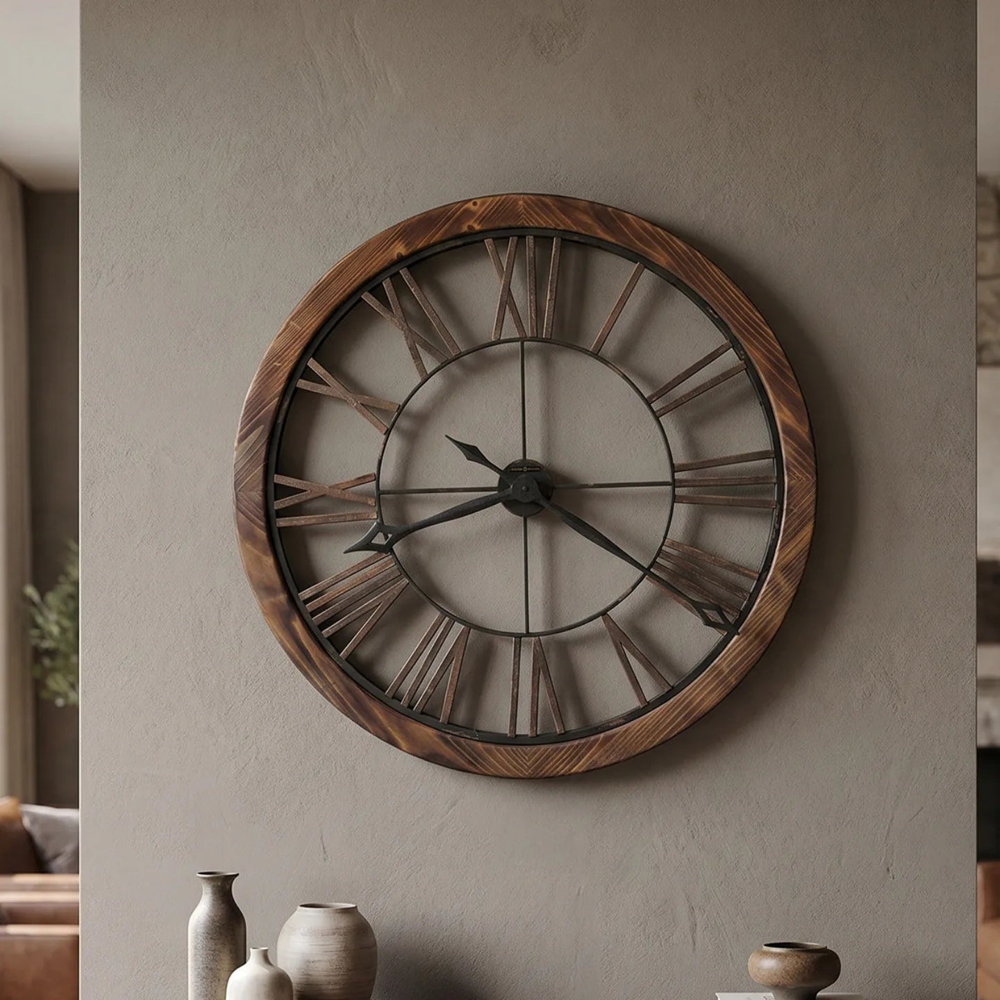 Howard Miller Thatcher Wall Clock, 32-inch, on the wall in a styled room