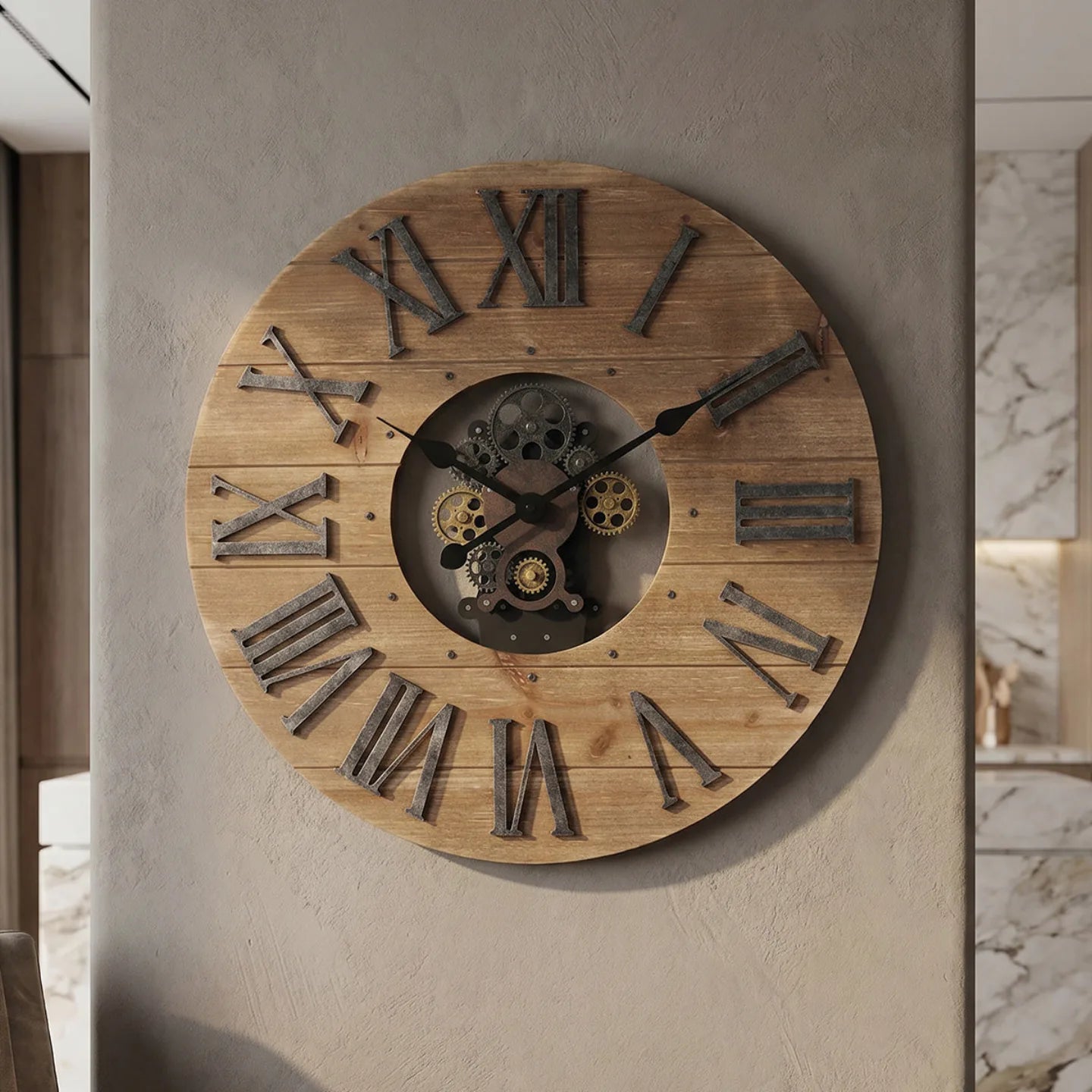 Howard Miller Forest Oversized Gallery Wall Clock, 24-inch, on the wall in a styled room