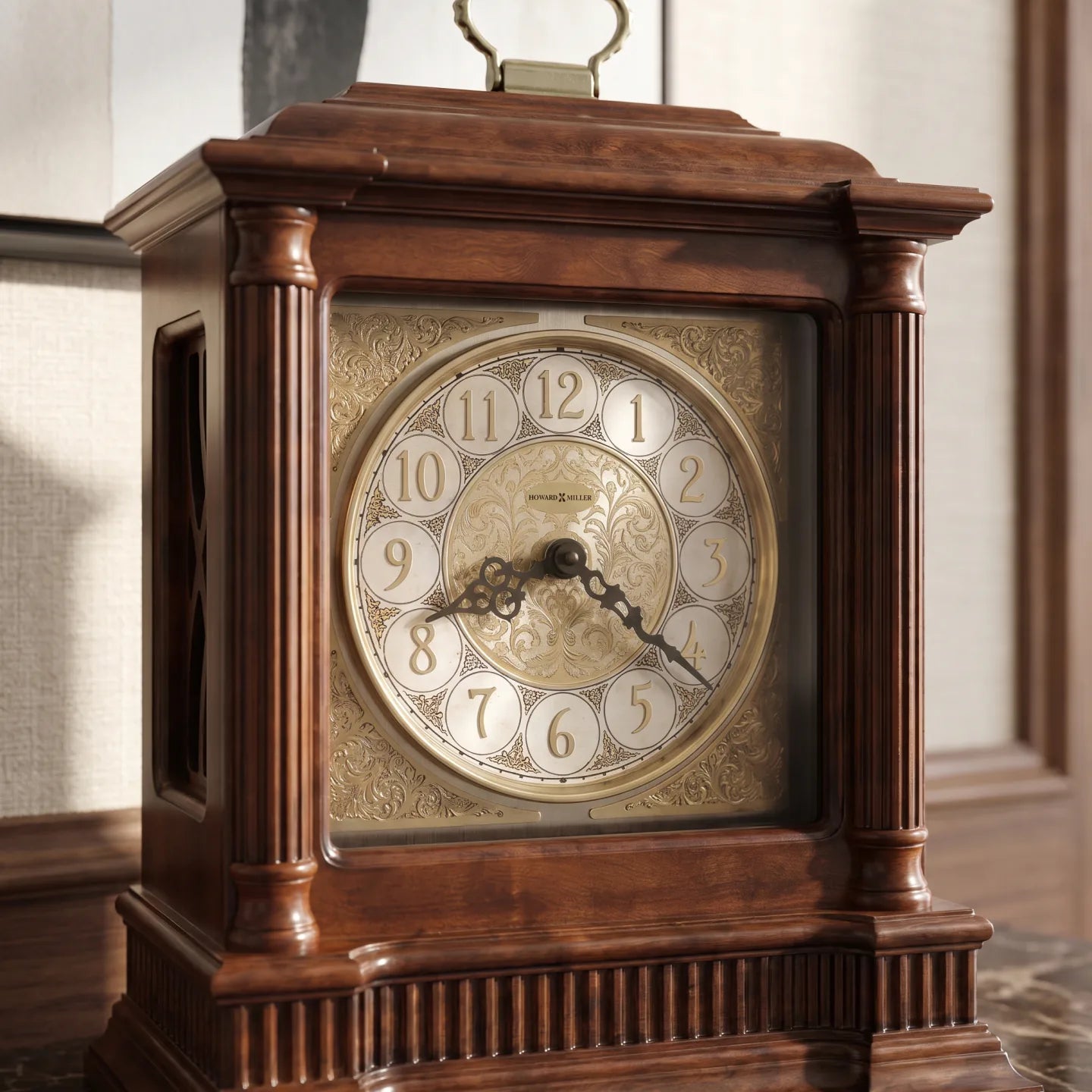Howard Miller Akron Mantel Clock, close-up of the dial and finish detail