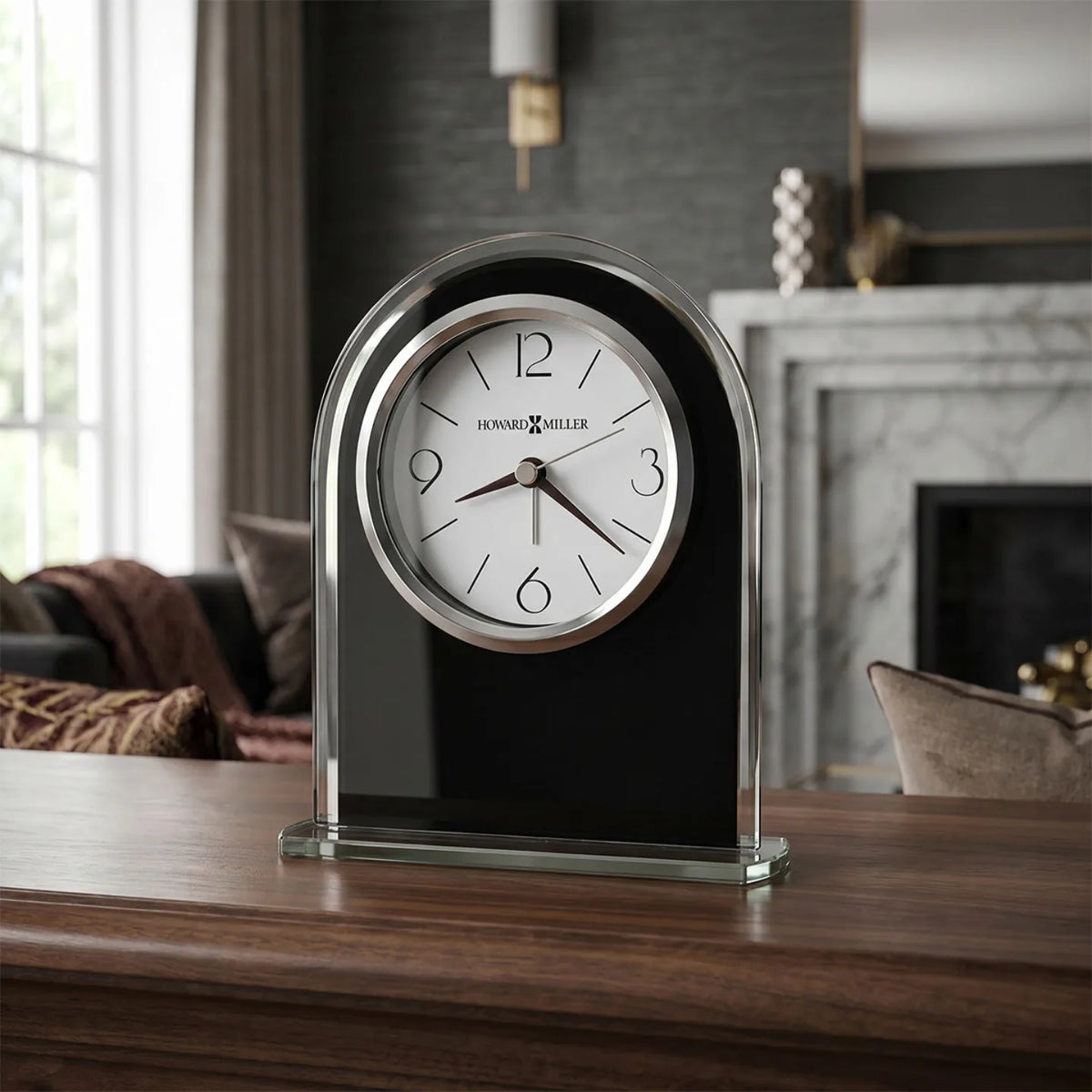 Howard Miller Ebony Luster Tabletop Clock, 6-inch, on a shelf in a styled room