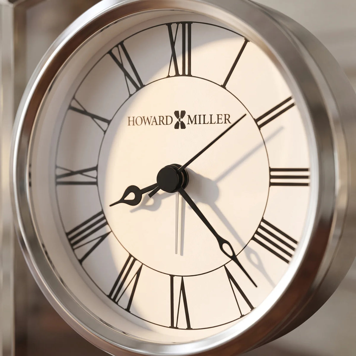 Howard Miller Talbot Tabletop Clock, close-up of the dial and finish detail