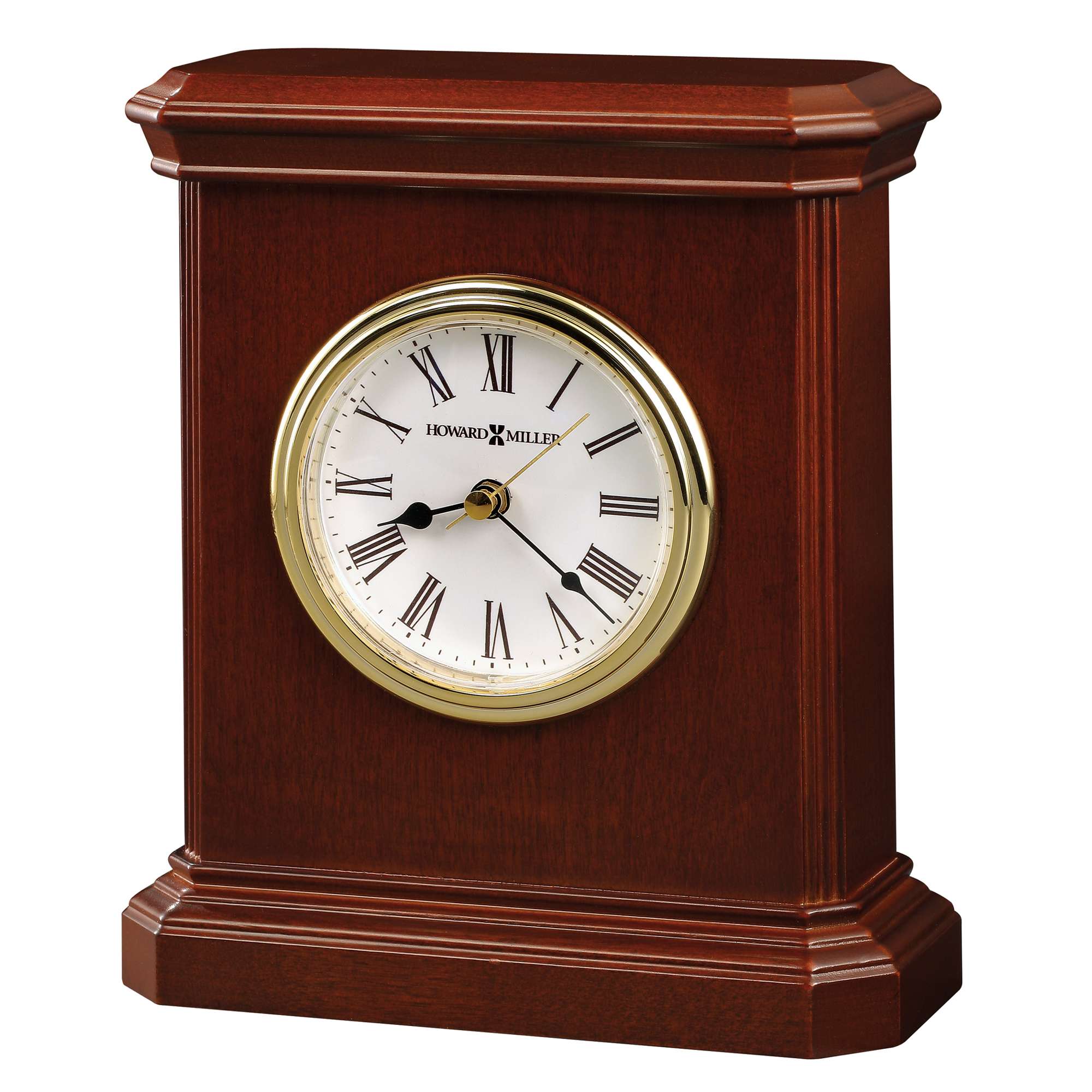 A wooden mantel clock with a round white face and Roman numerals