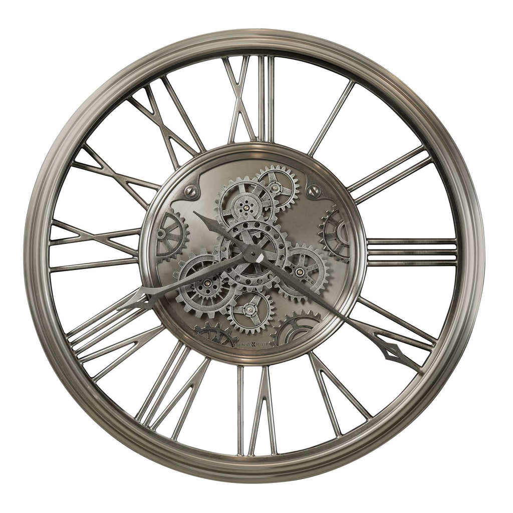 A decorative wall clock with an intricate gear design.