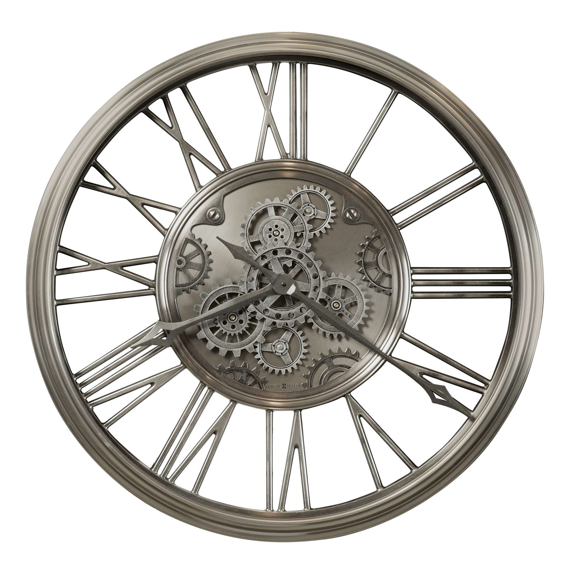 A decorative wall clock with an intricate gear design.