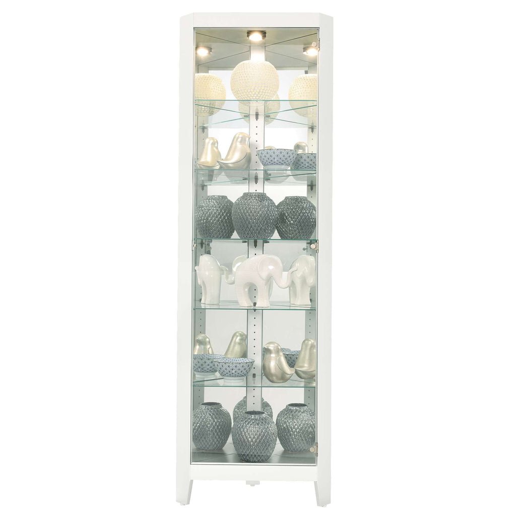 A tall display cabinet showcasing various decorative vases and figurines in shades of gray and white.