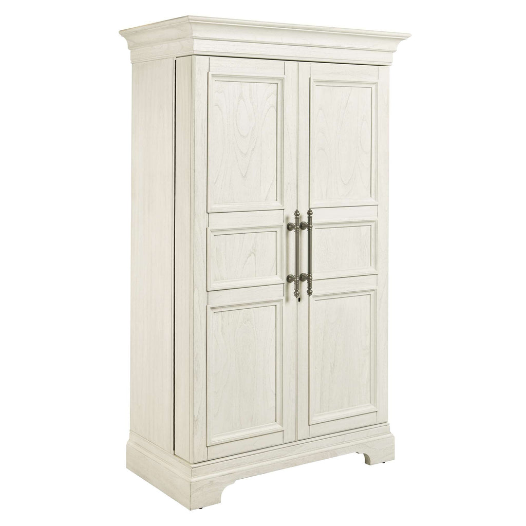 White wooden armoire with double doors and decorative detailing