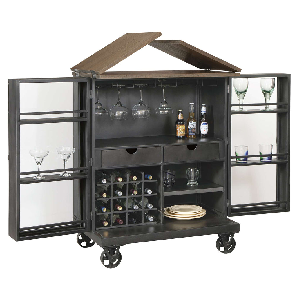 Stylish rolling bar cart with wine storage and glassware compartments