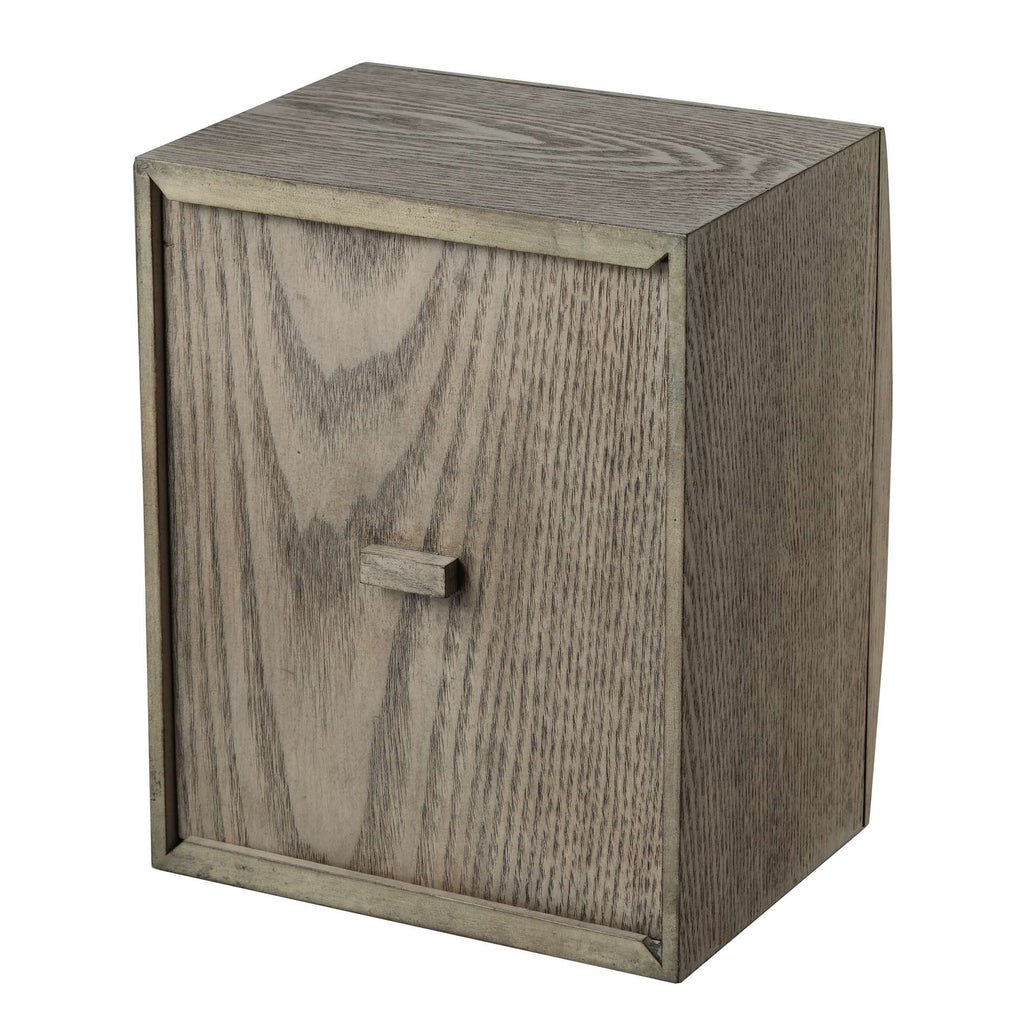 A small wooden storage box with a simple front drawer.