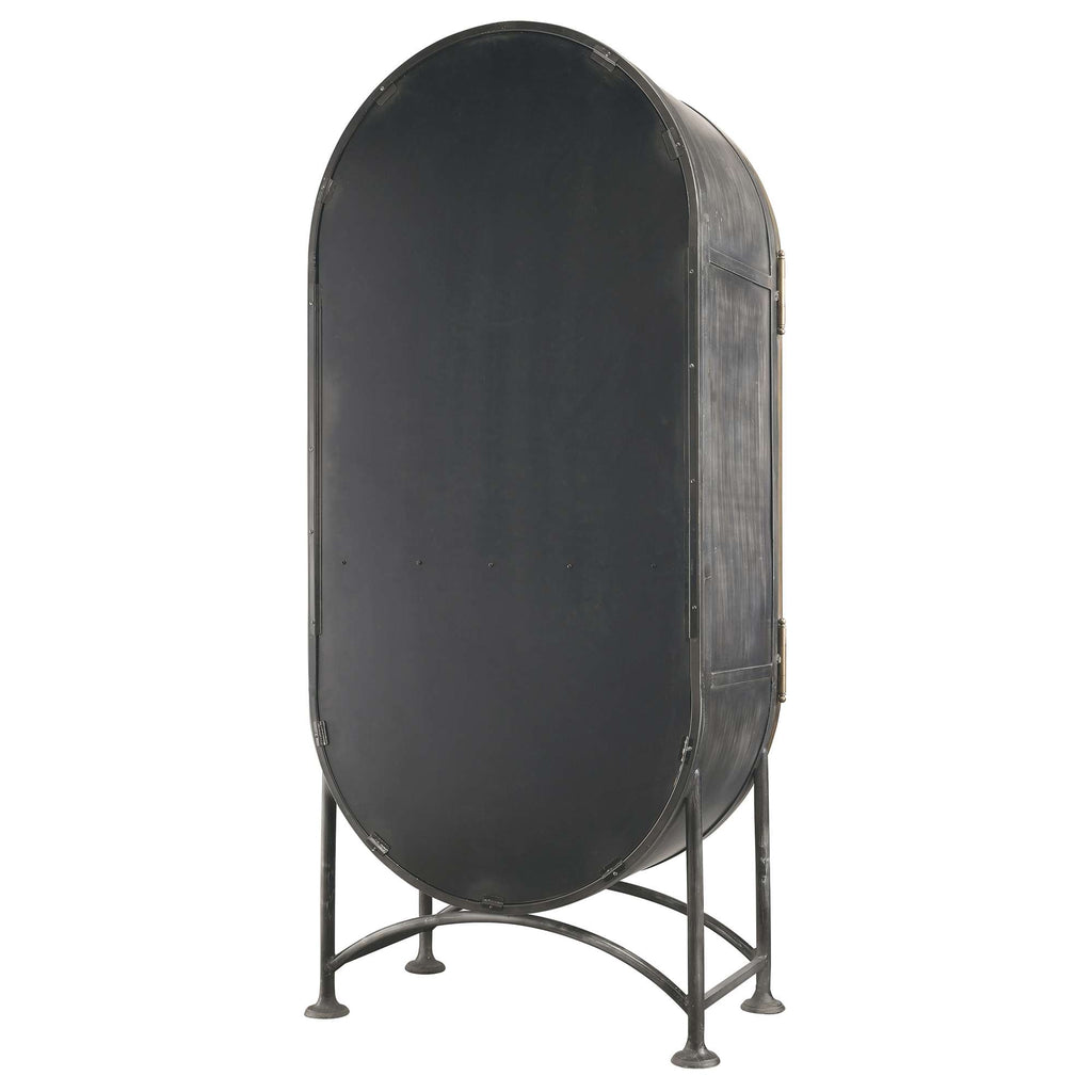 Oval black metal storage cabinet with a stand