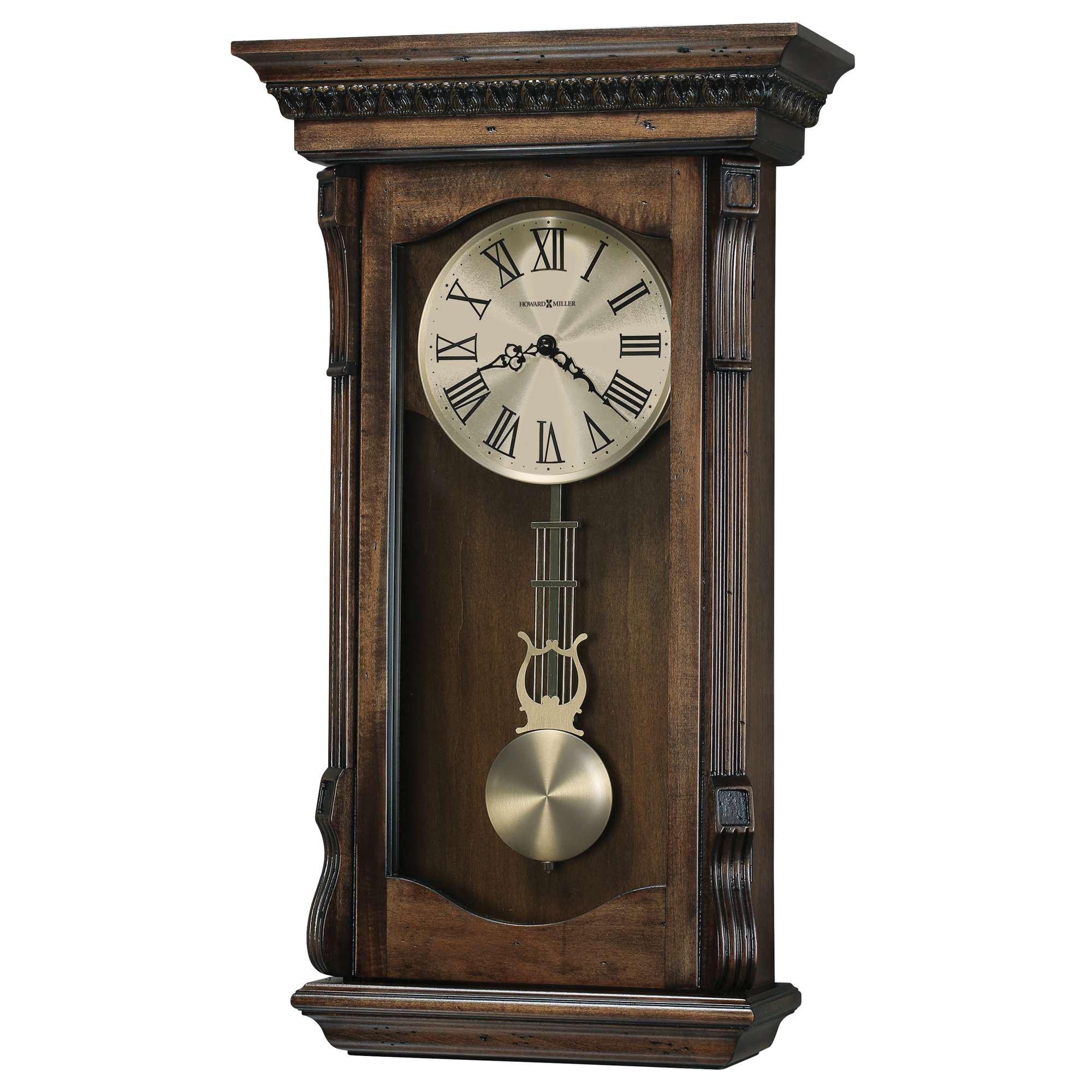Wall-mounted wooden clock with a pendulum and Roman numerals.