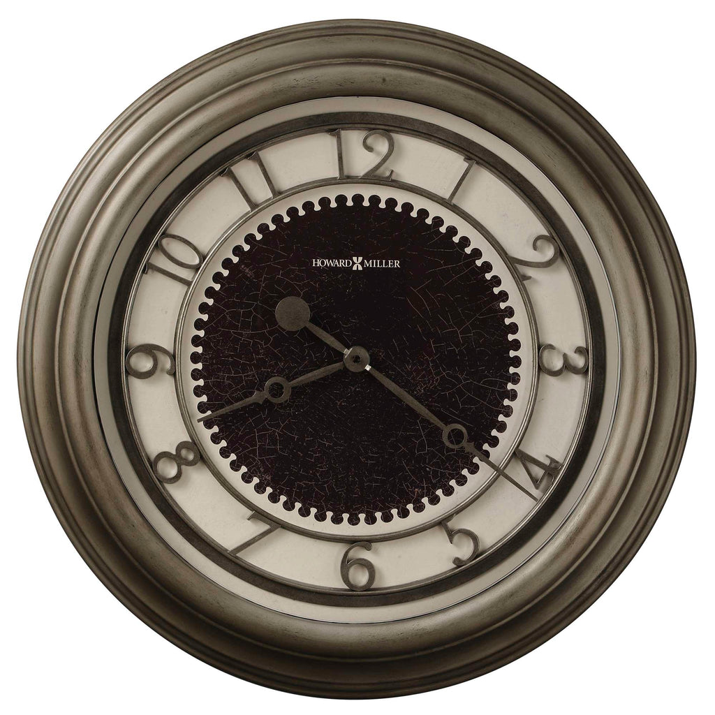 Round wall clock with a dark face and silver frame