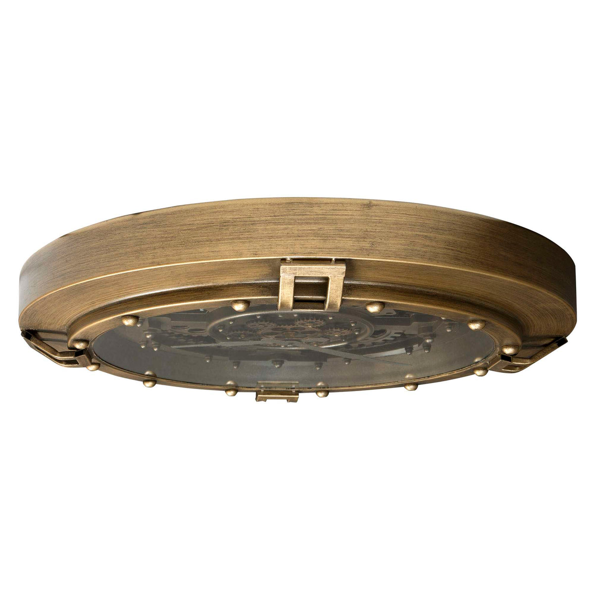 Close-up of a round, vintage-style mirror with a brass frame.