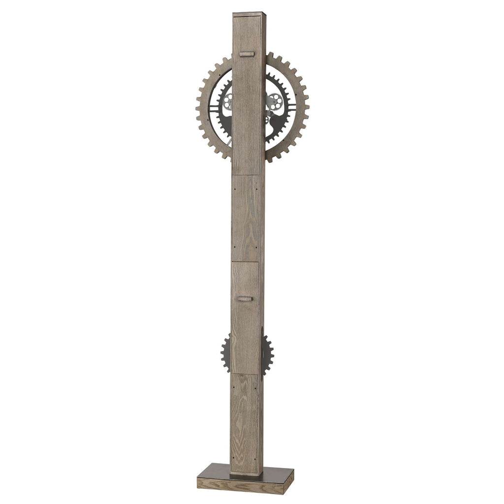 A tall, wooden clock with visible gears and a modern design.