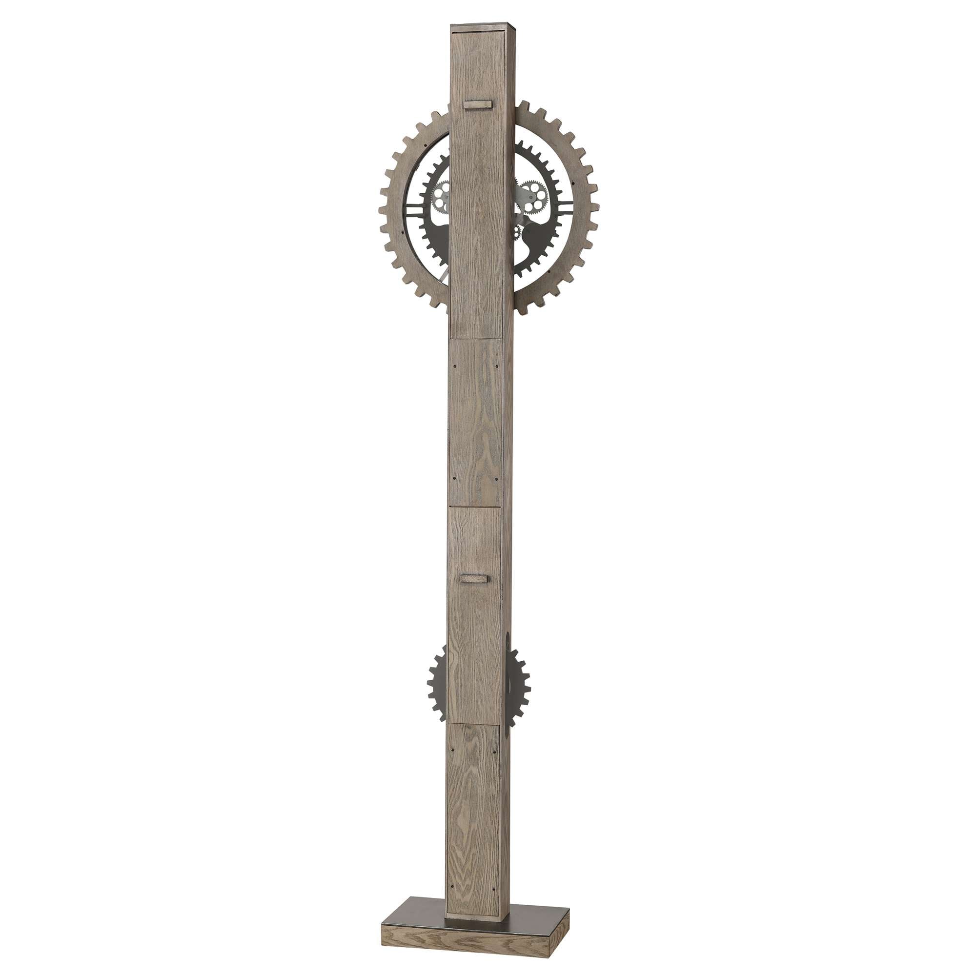 A tall, wooden clock with visible gears and a modern design.