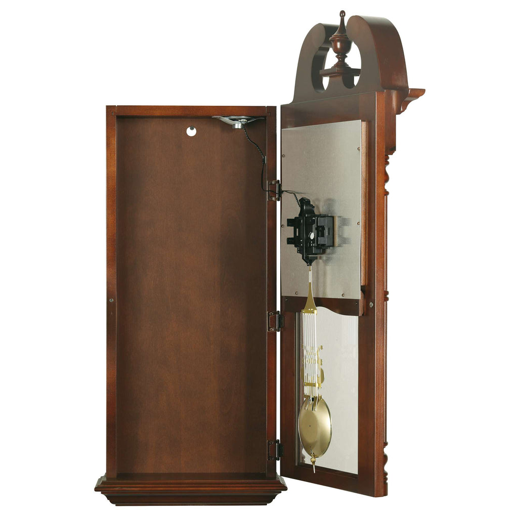 Open wooden grandfather clock showcasing its inner mechanism