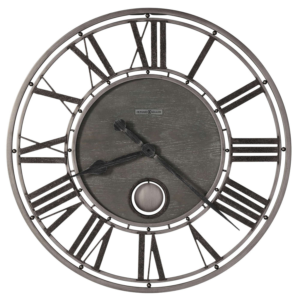 A round wall clock with Roman numerals and a metallic design.