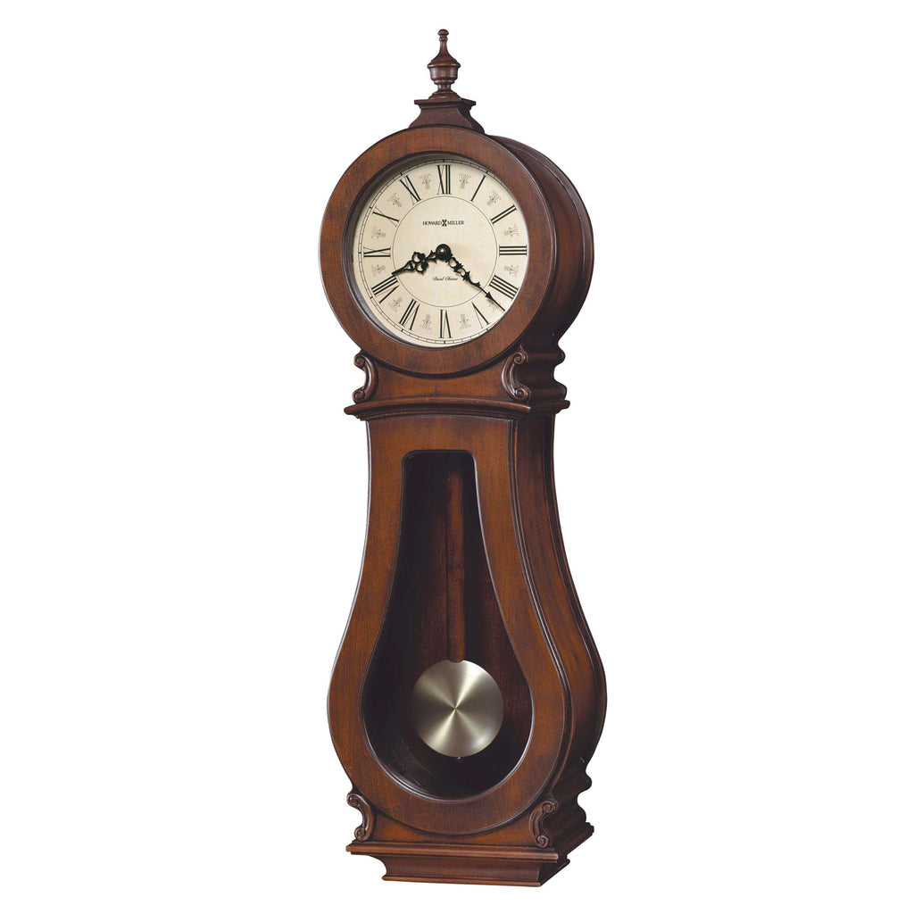 Antique wooden pendulum clock with a round face and ornate design.