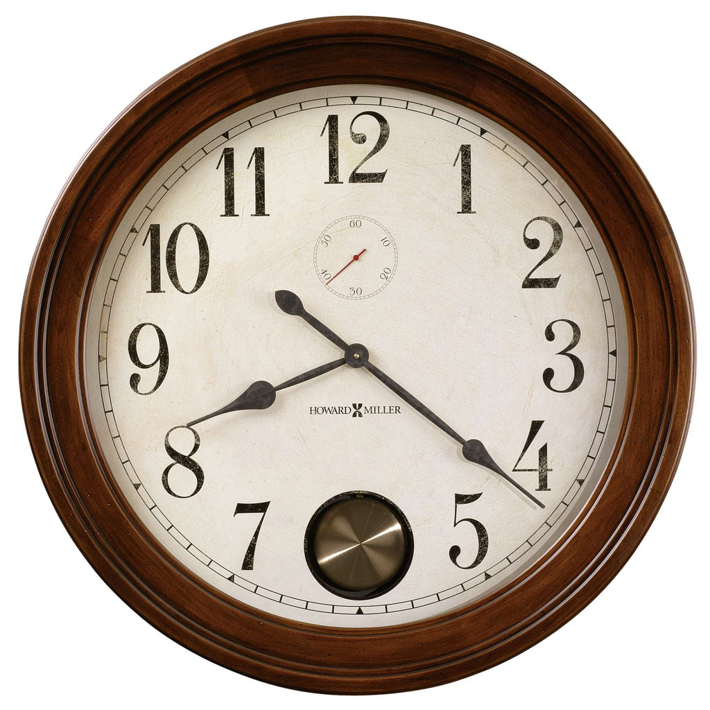 Wall clock with wooden frame displaying the time and a small thermometer