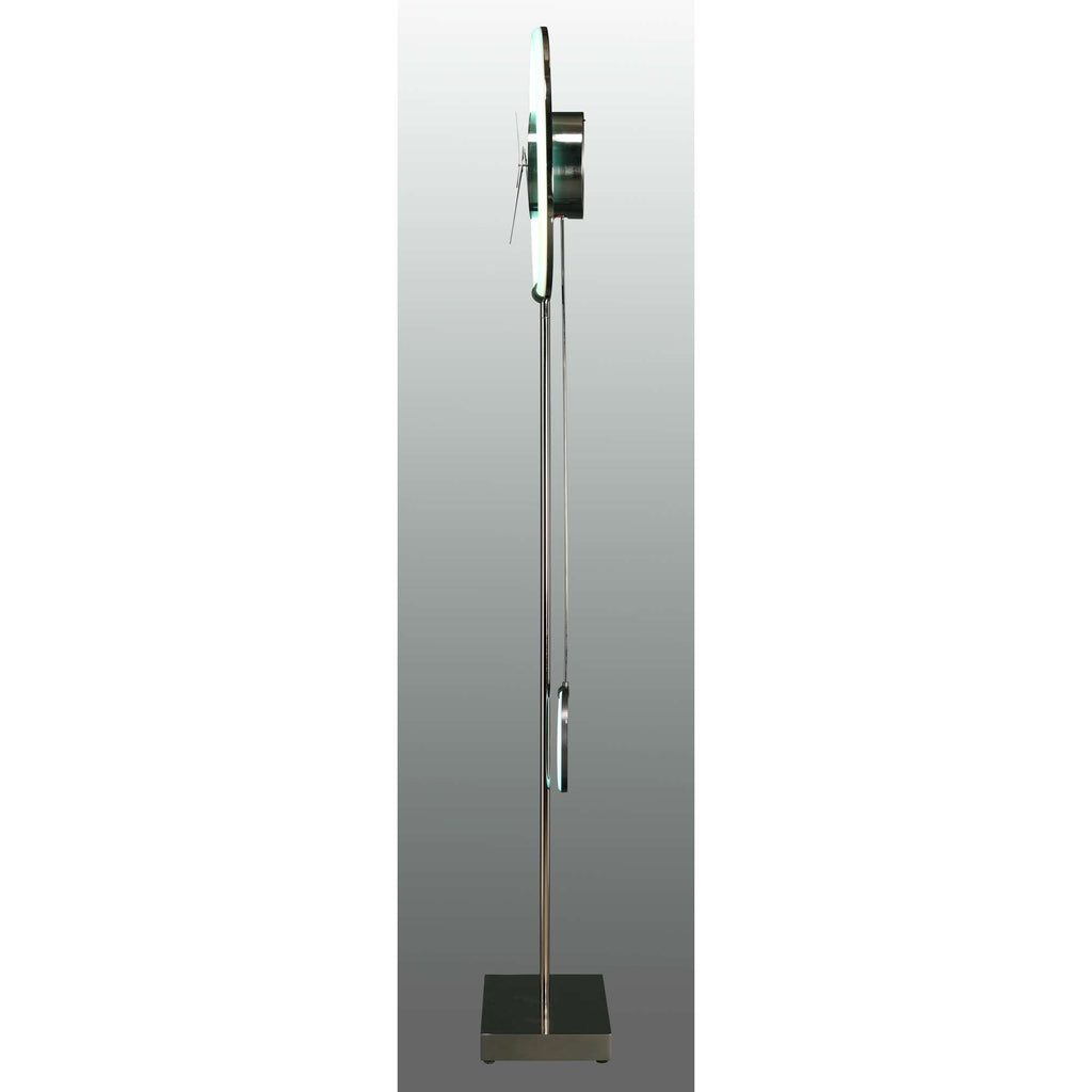 Sleek modern floor lamp with a circular shade and metallic base.