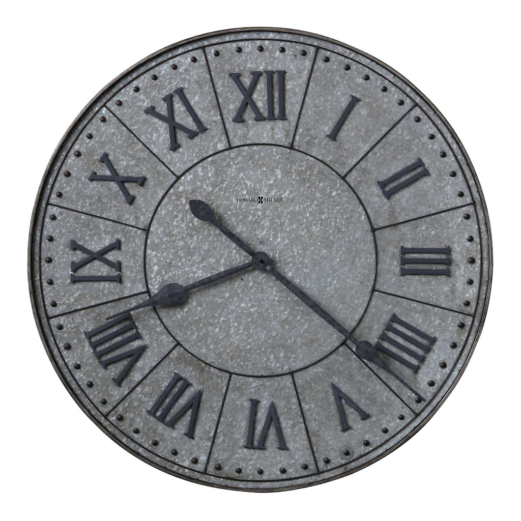A round, vintage-style wall clock with Roman numerals and black hands.