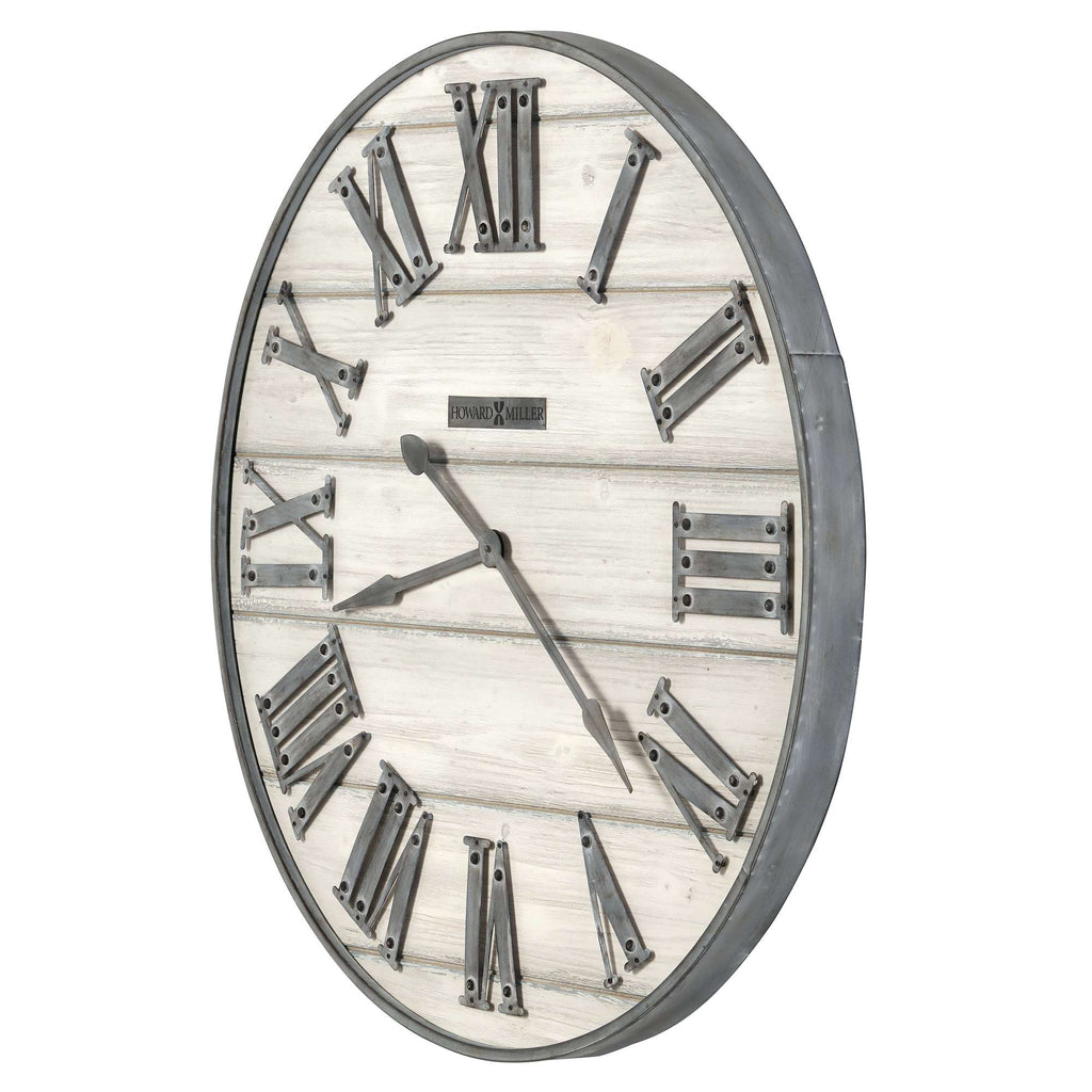 A wall clock with a wooden texture and Roman numerals, featuring a vintage design.