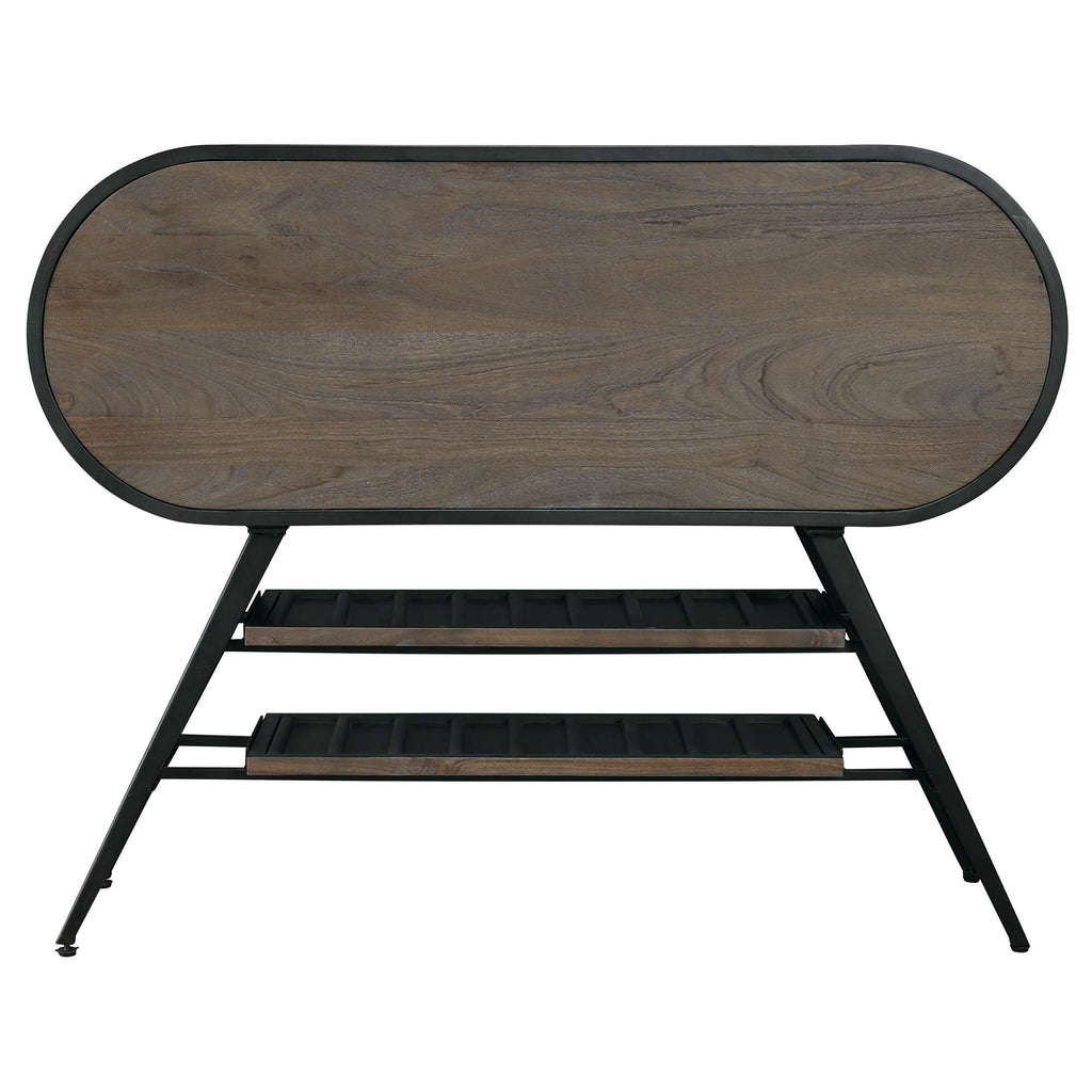 Modern wooden console table with an oval top and black metal legs