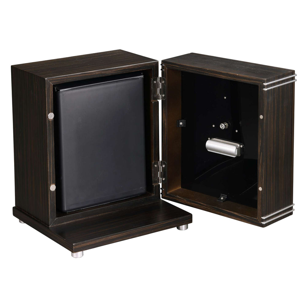 Open wooden safe with a black interior