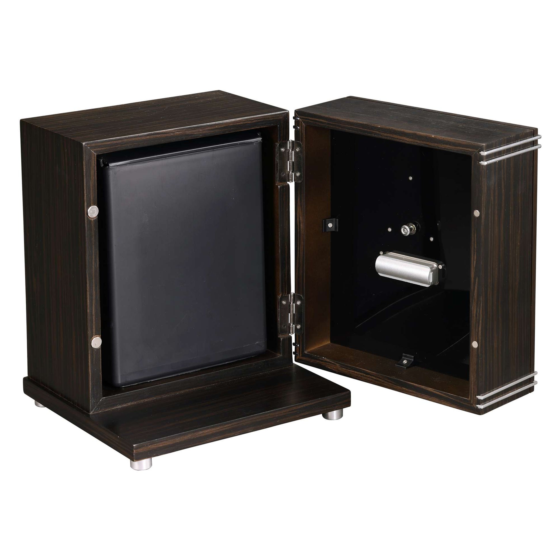 Open wooden safe with a black interior
