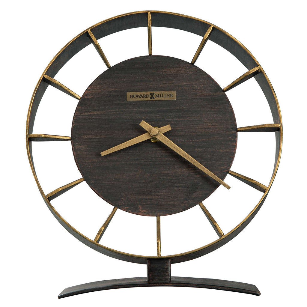 A decorative round clock with a dark wooden finish and gold accents.