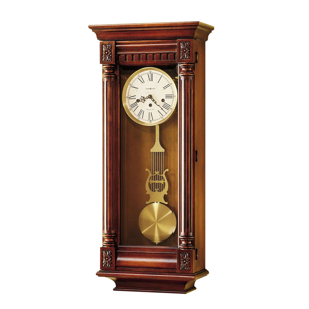 Wooden wall clock with a pendulum and decorative elements