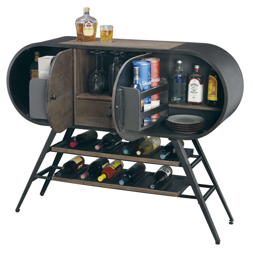 A stylish modern bar cabinet with a rounded design, featuring open storage for wine bottles and compartments for drinks and glassware.