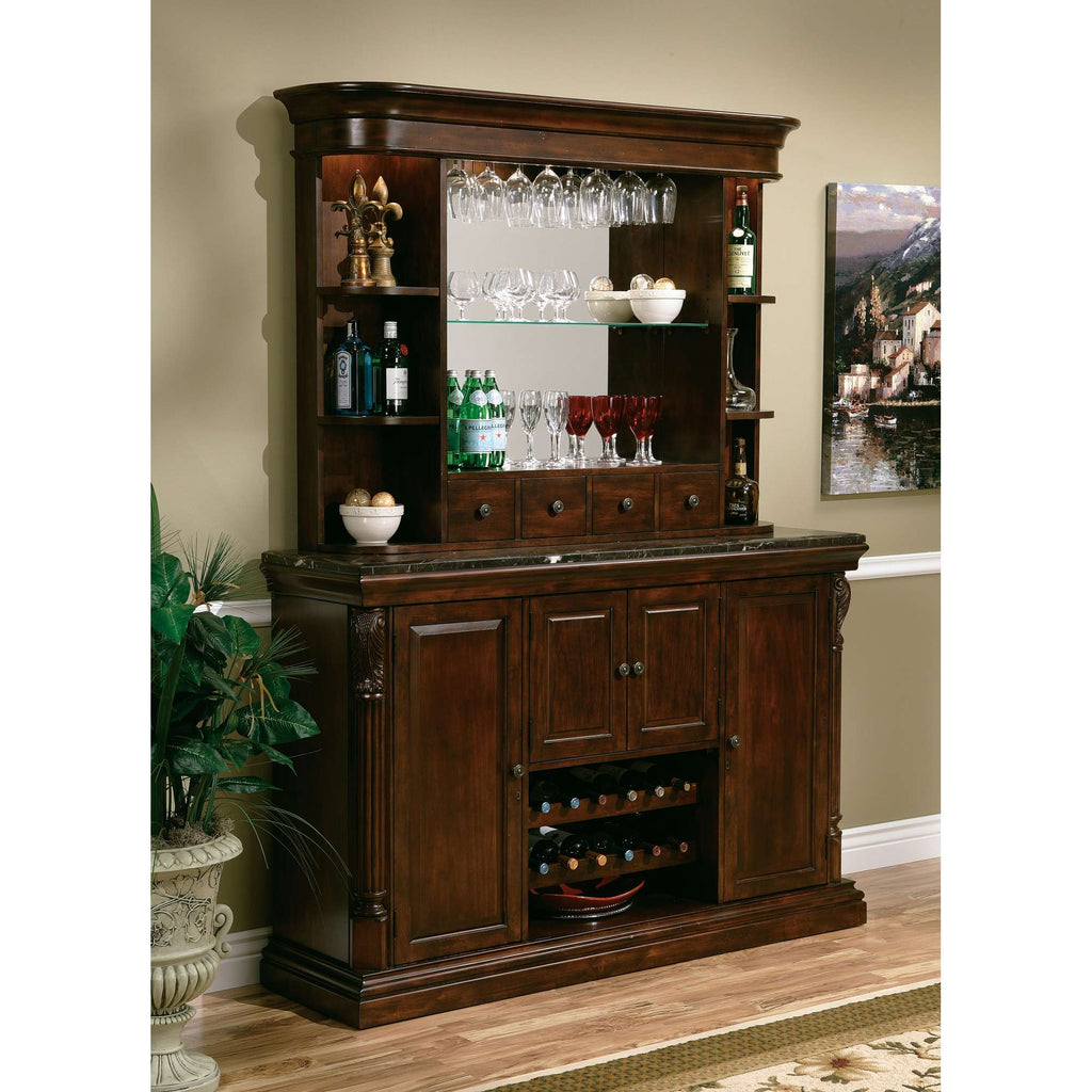 Elegant wooden bar cabinet with upper shelving displaying glassware and liquor bottles.