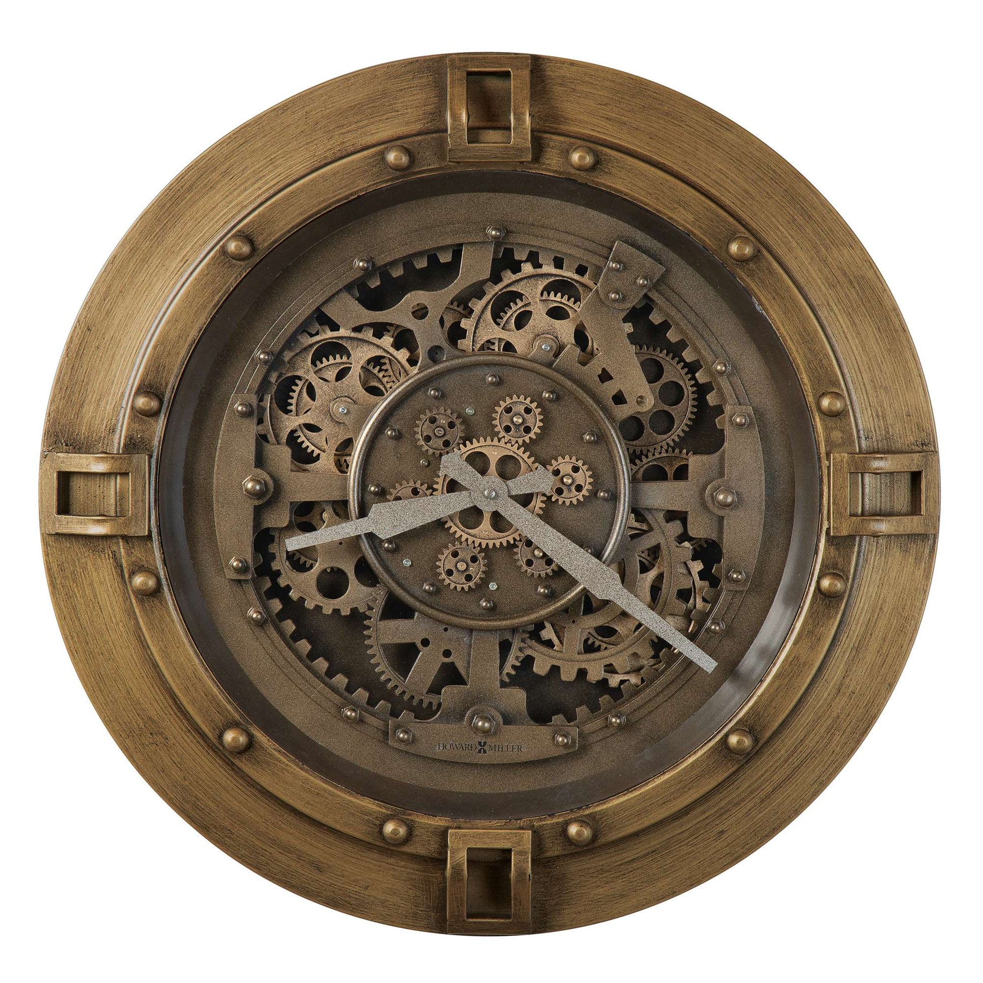A vintage-style wall clock with exposed gears and a metallic finish.