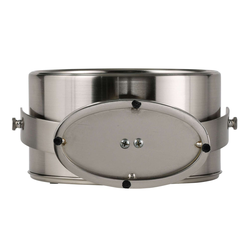 Close-up of a metallic, oval-shaped object with a smooth surface and two small screws on the front.