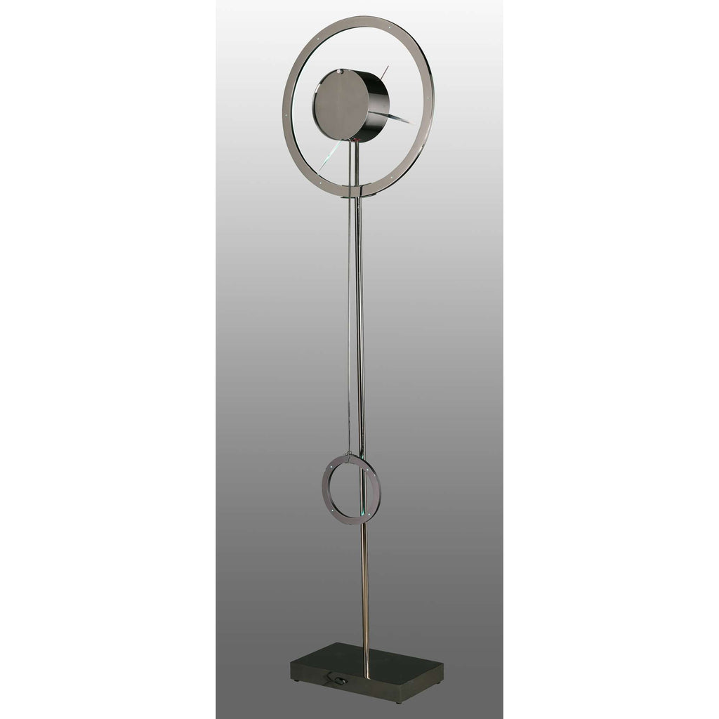 Modern floor lamp with a circular design and a sleek metallic finish.