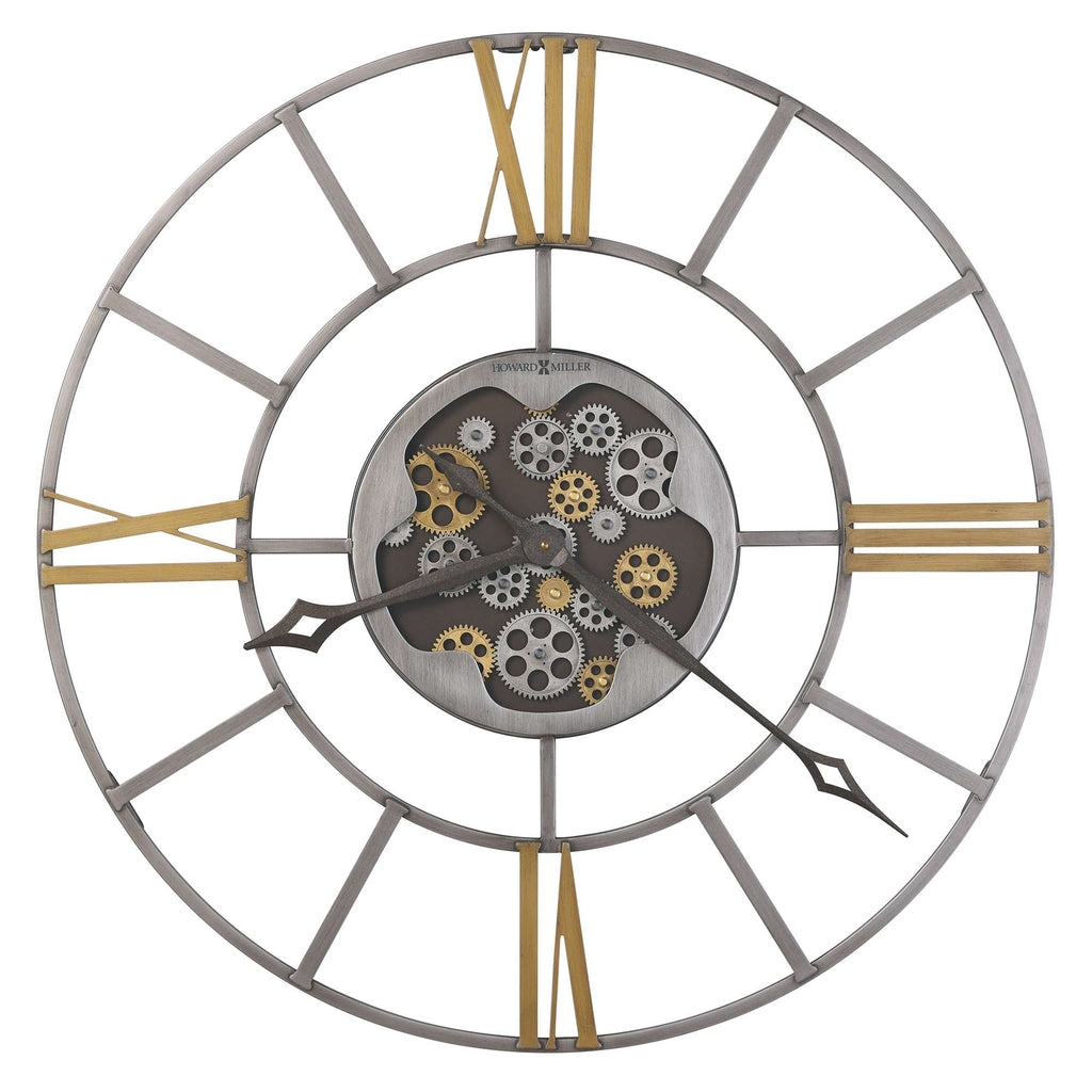 A decorative wall clock with a circular metal frame, featuring Roman numerals and a gear design in the center.