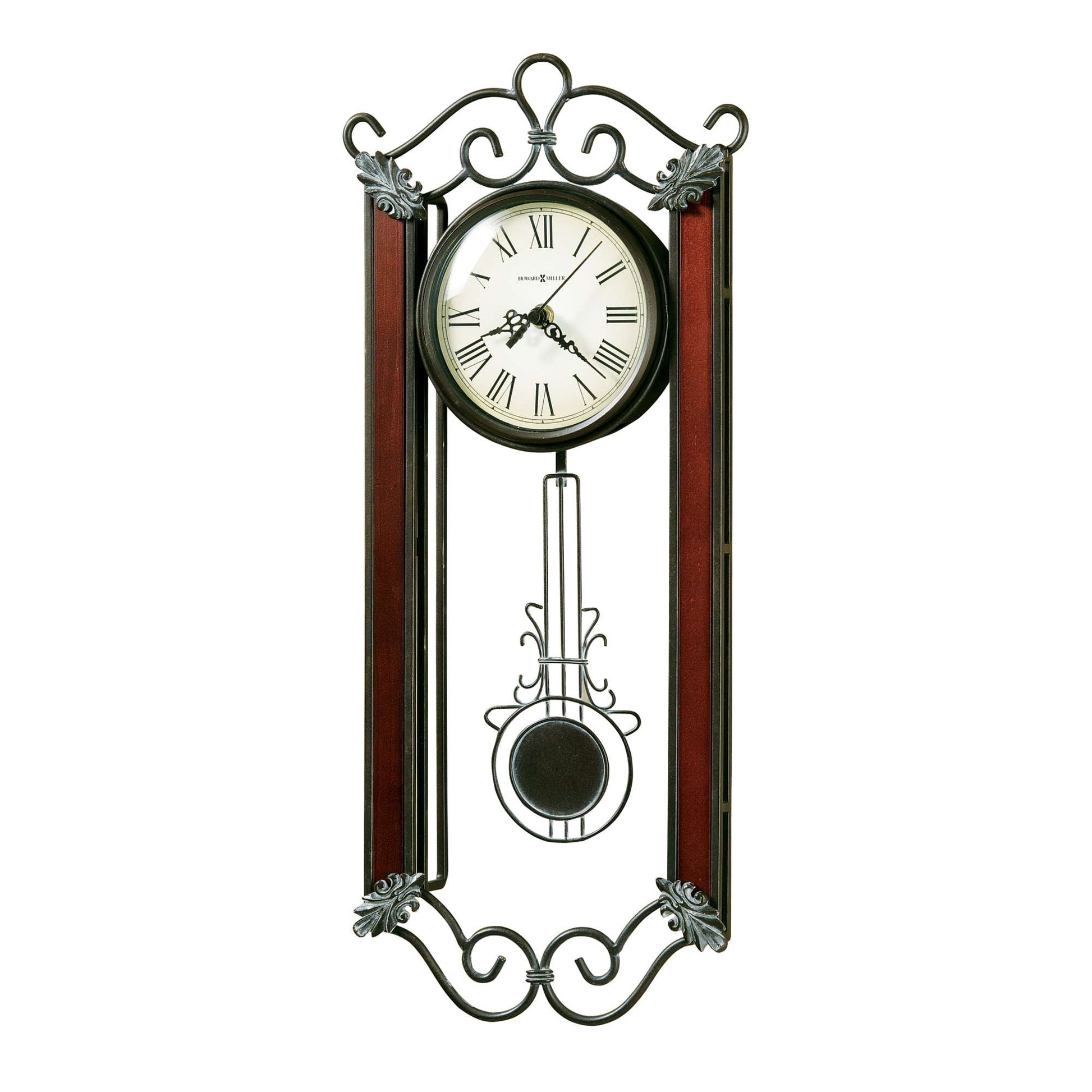 Elegant wall clock with a pendulum and decorative elements.