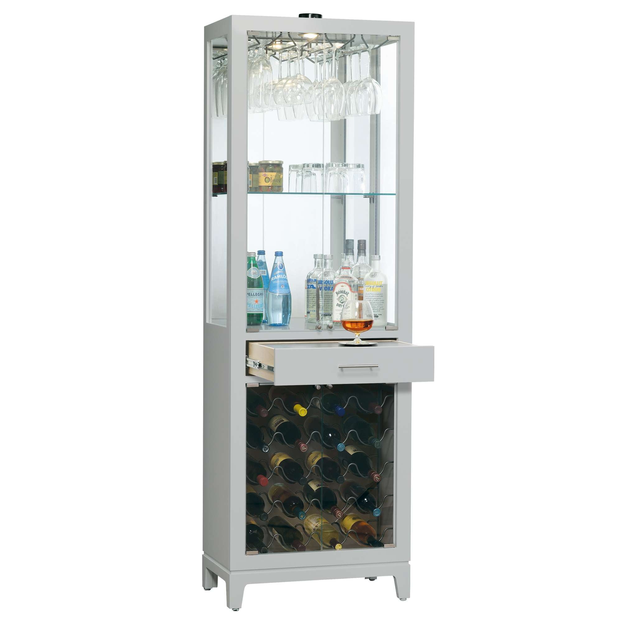 Modern bar cabinet with glass shelves for drinks and a wine storage drawer.