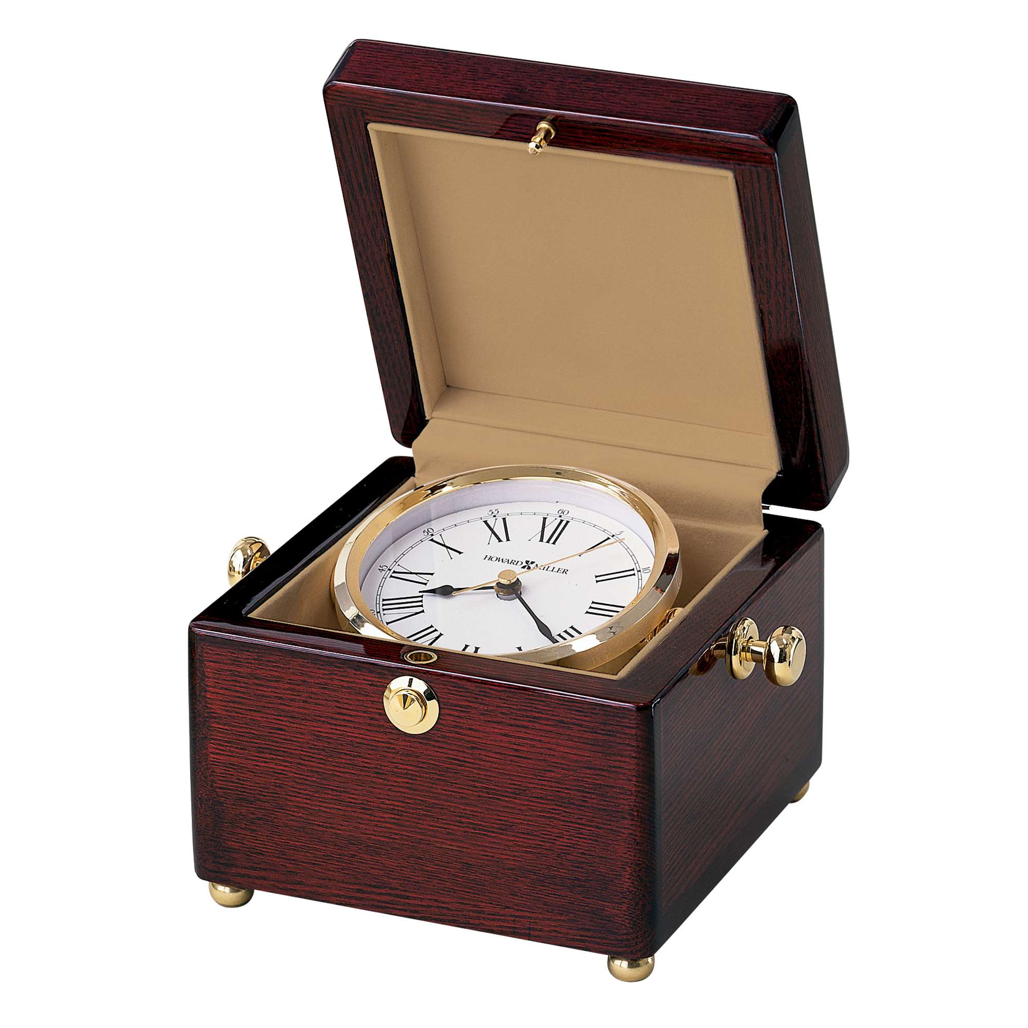 Open wooden jewelry box with a round clock inside