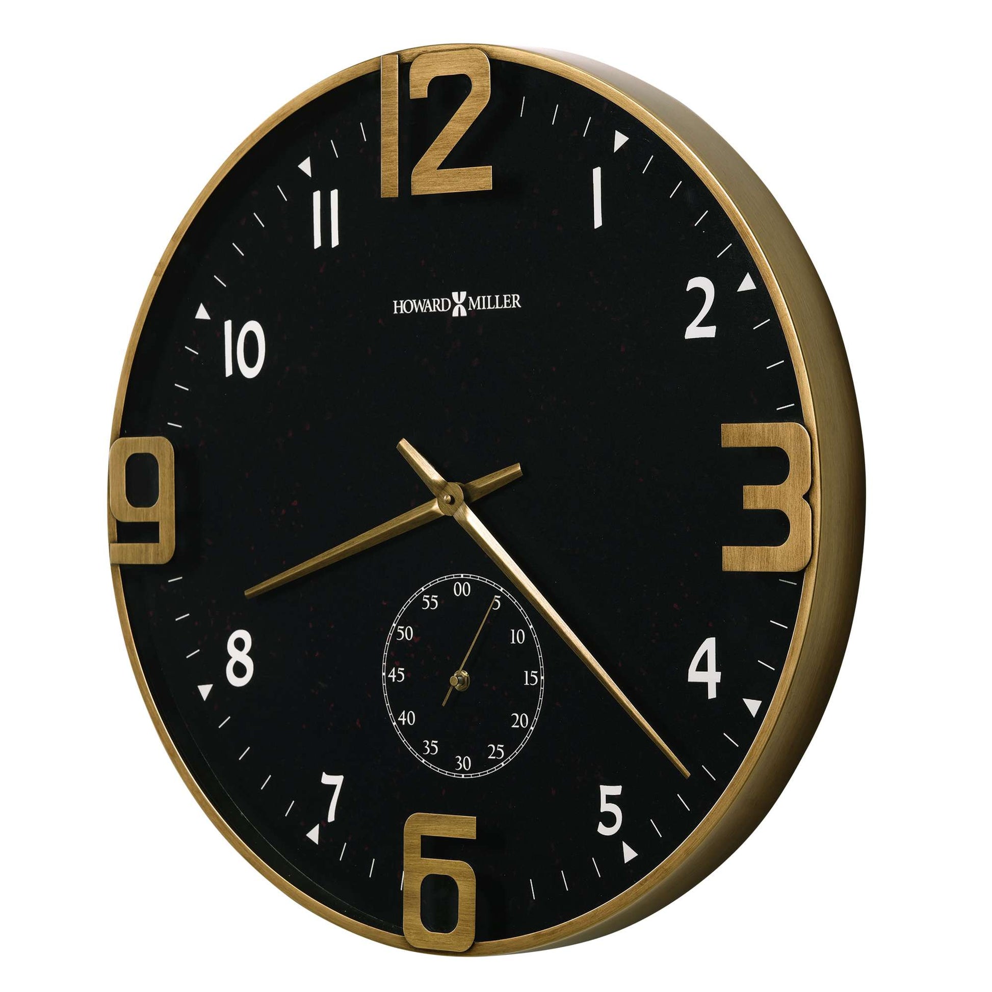 Black wall clock with gold accents and a small dial