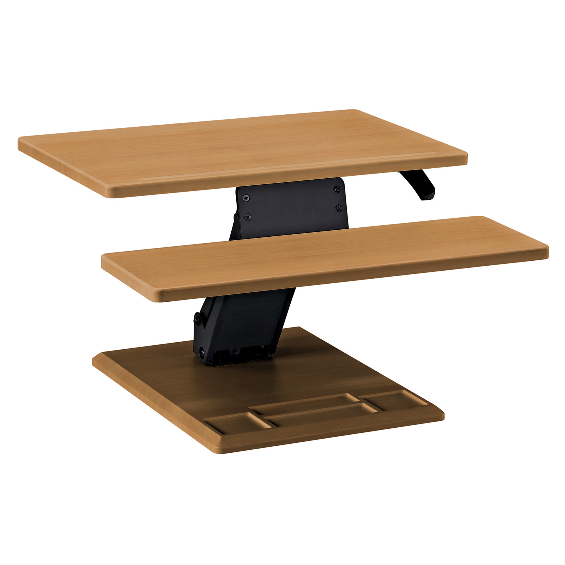 Adjustable wooden sit-stand desk converter with two surfaces.