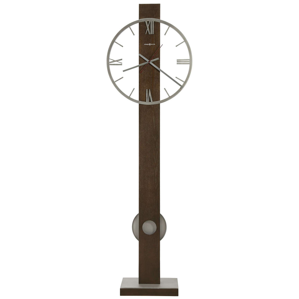 Modern vertical clock with a round face and Roman numerals on a wooden stand
